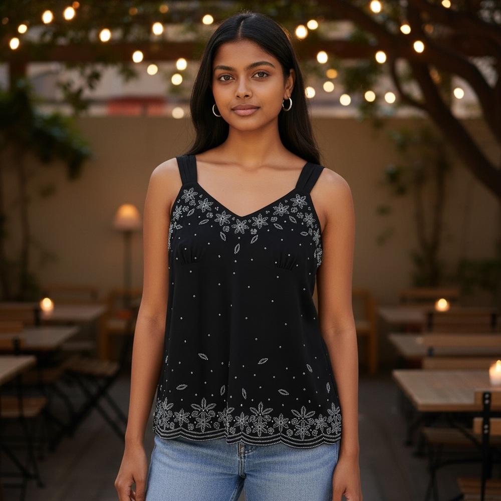 Elegant Black Beaded Sequin Dressy Tank Top - Picture 3 of 9